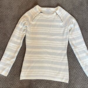 New York & Company Cream and Silver Striped Glitter Crewneck Sweater Size S